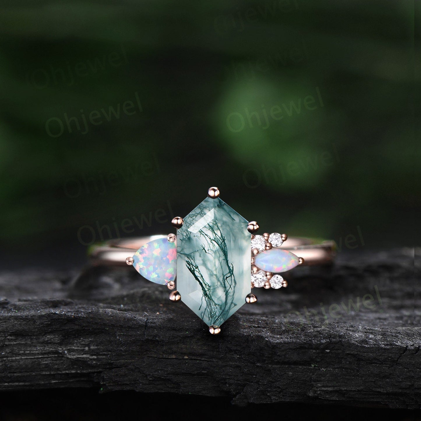 Long hexagon green moss agate ring cluster trillion alexandrite ring vintage unique engagement ring women rose gold dainty wedding ring gift