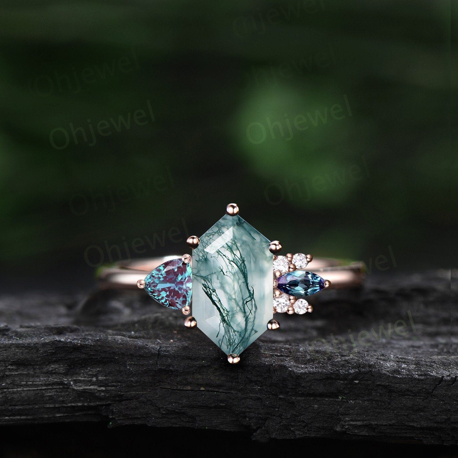 Long hexagon green moss agate ring cluster trillion alexandrite