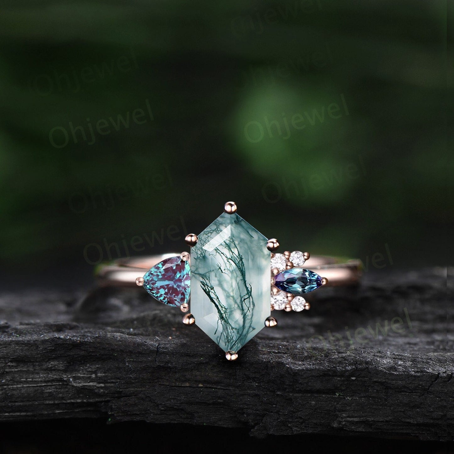 Long hexagon green moss agate ring cluster trillion alexandrite ring vintage unique engagement ring women rose gold dainty wedding ring gift