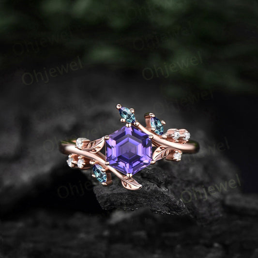 Hexagon purple sapphire ring vintage leaf Nature inspired engagement ring women twig cluster Alexandrite ring women rose gold gemstone ring