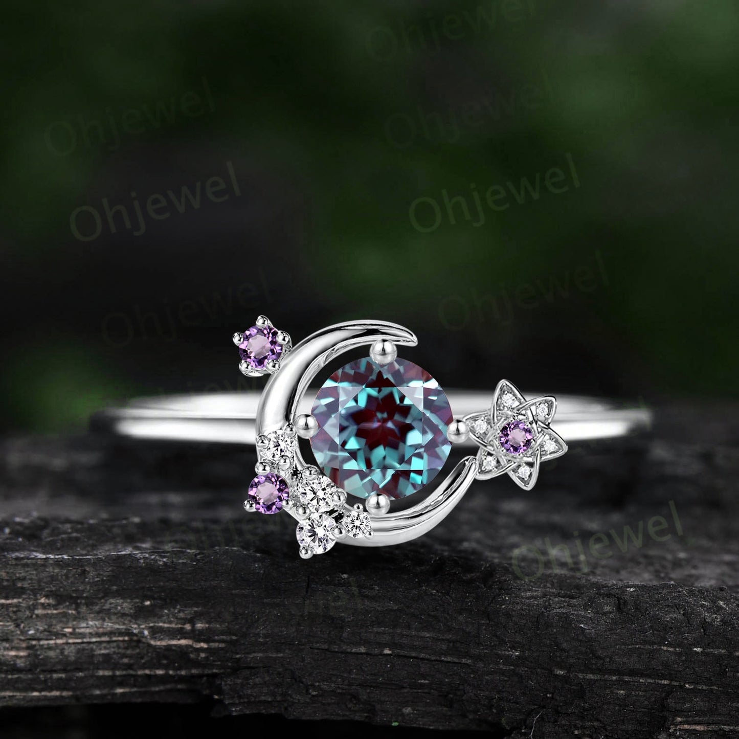 Round Alexandrite ring vintage cluster amethyst ring rose gold unique moon engagement ring retro star flower moissanite wedding ring women