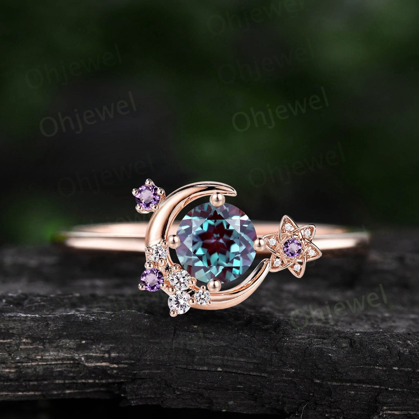 Round Alexandrite ring vintage cluster amethyst ring rose gold unique moon engagement ring retro star flower moissanite wedding ring women