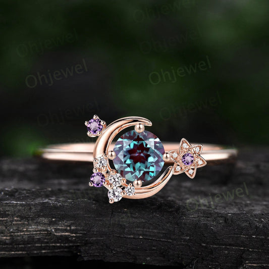 Round Alexandrite ring vintage cluster amethyst ring rose gold unique moon engagement ring retro star flower moissanite wedding ring women