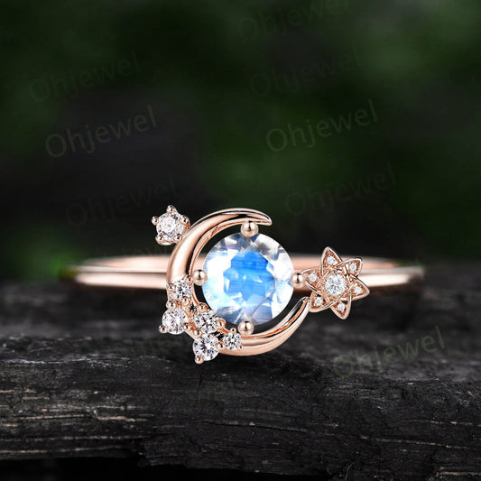 Round moonstone ring vintage cluster diamond ring rose gold unique moon engagement ring retro star flower moissanite wedding ring women gift