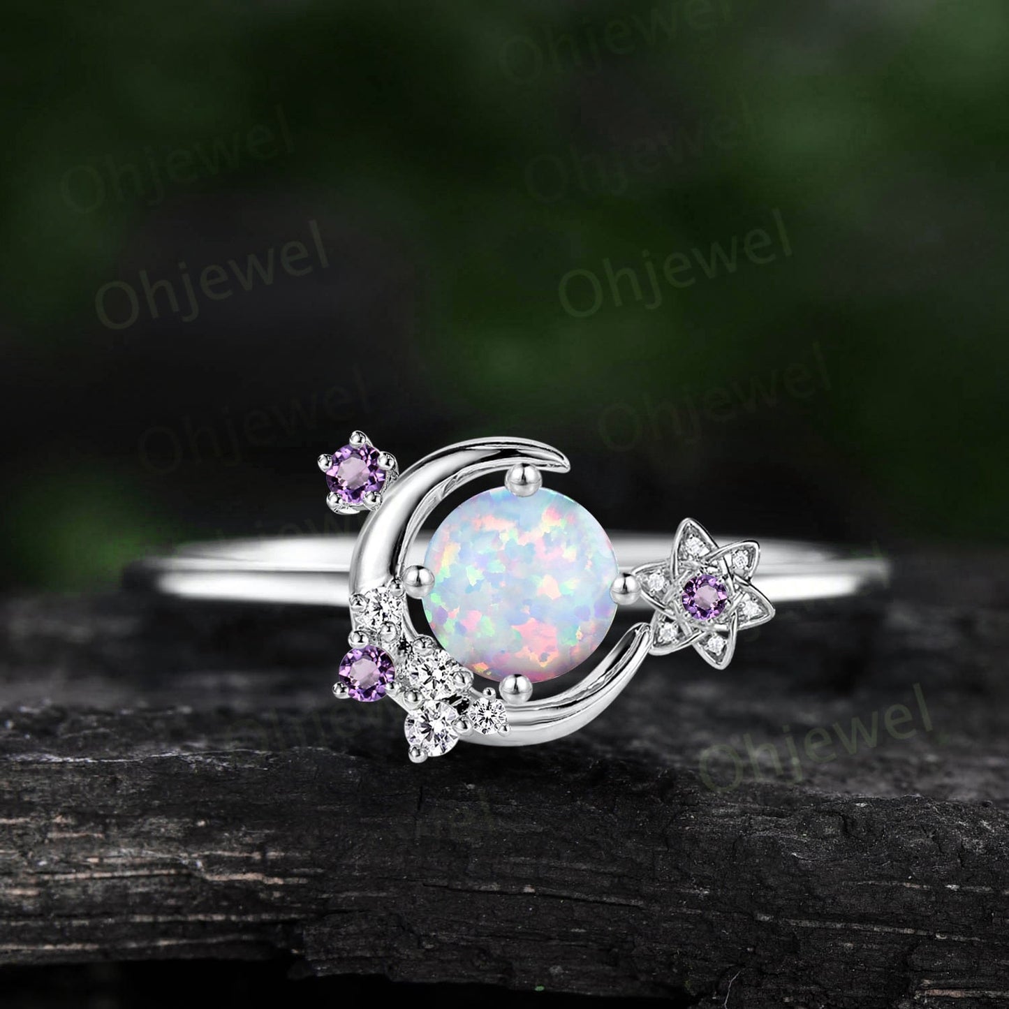 Round opal ring vintage cluster amethyst ring rose gold unique moon engagement ring retro star flower moissanite bridal wedding ring women