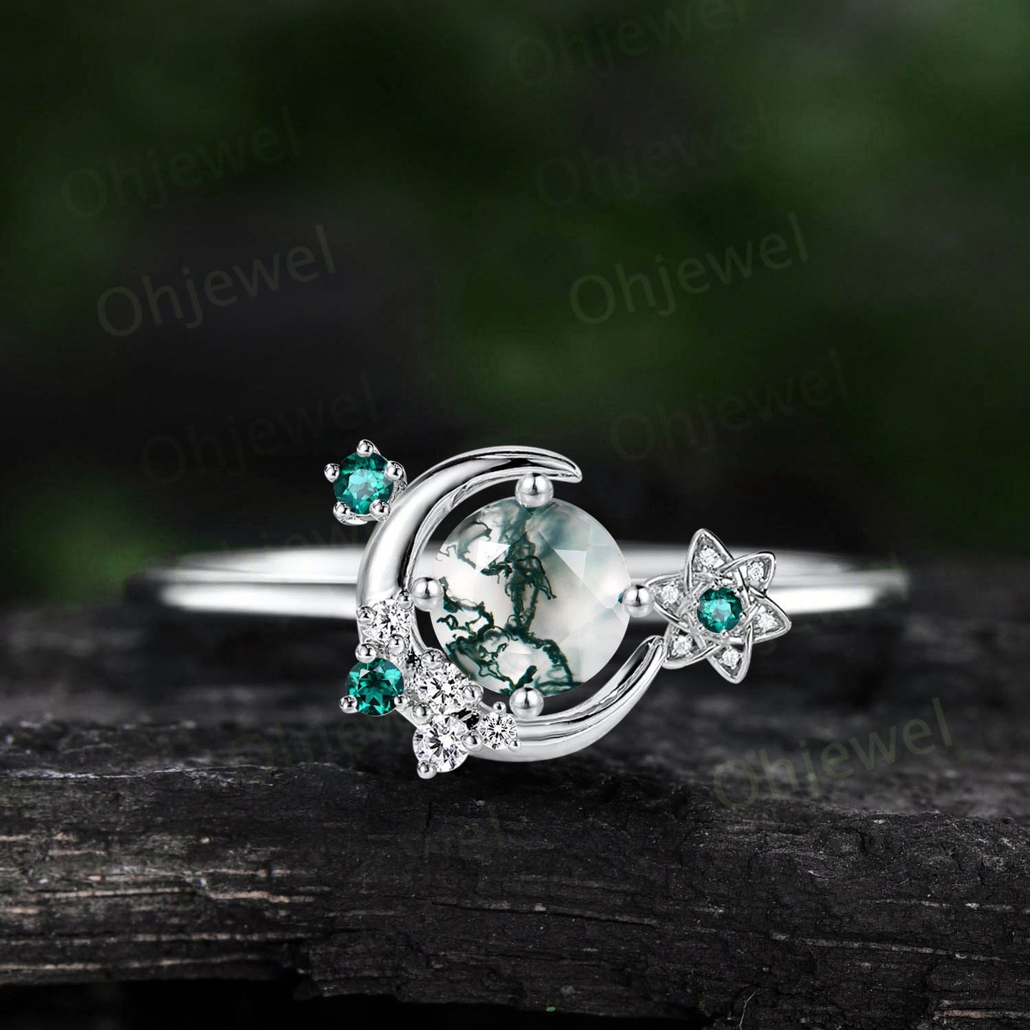 Round moss agate ring vintage cluster emerald ring rose gold unique moon engagement ring retro star flower moissanite wedding ring women