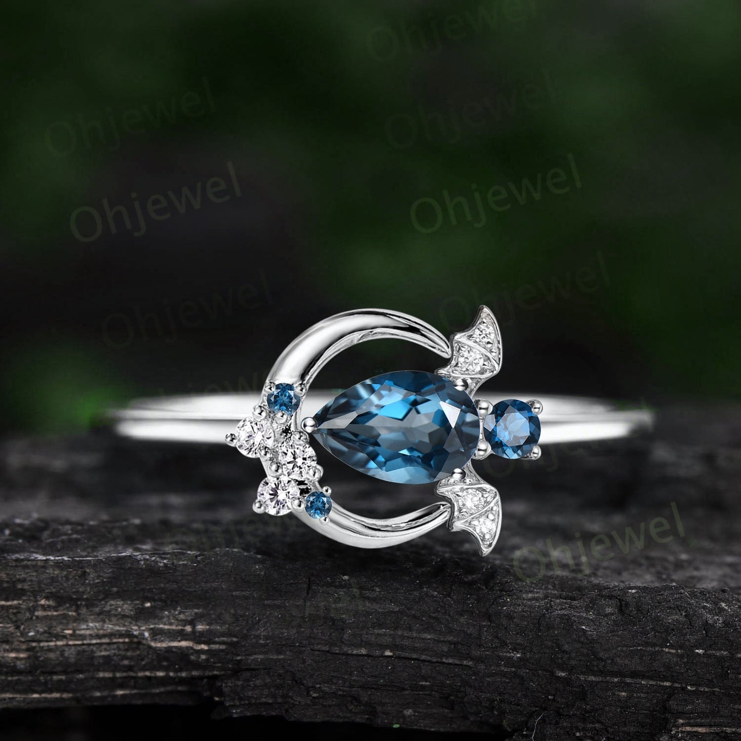 Pear London blue topaz ring vintage unique moon bat engagement ring cluster diamond ring women east to west anniversary wedding ring gift