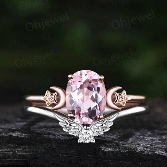 Vintage oval pink morganite engagement ring three stone moon star wing diamond ring solid 14k rose gold unique bridal ring set women gift