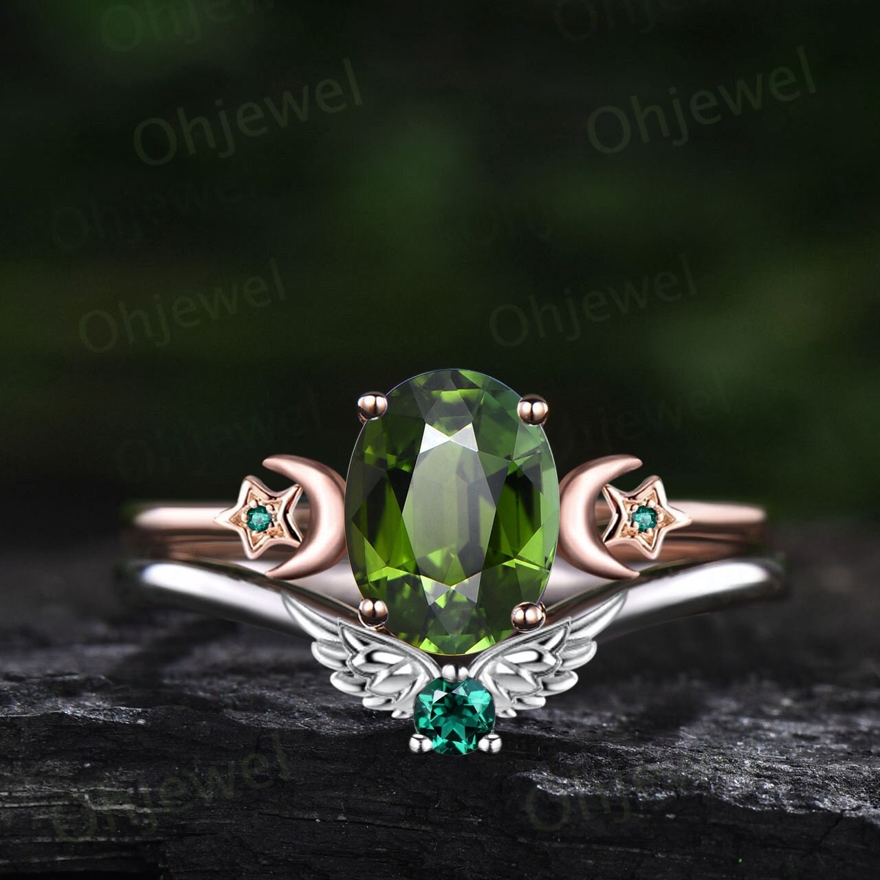 Oval cut green Tourmaline ring vintage moon star unique engagement ring rose gold three stone bat wing emerald ring wedding ring set women