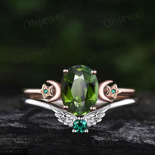 Oval cut green Tourmaline ring vintage moon star unique engagement ring rose gold three stone bat wing emerald ring wedding ring set women