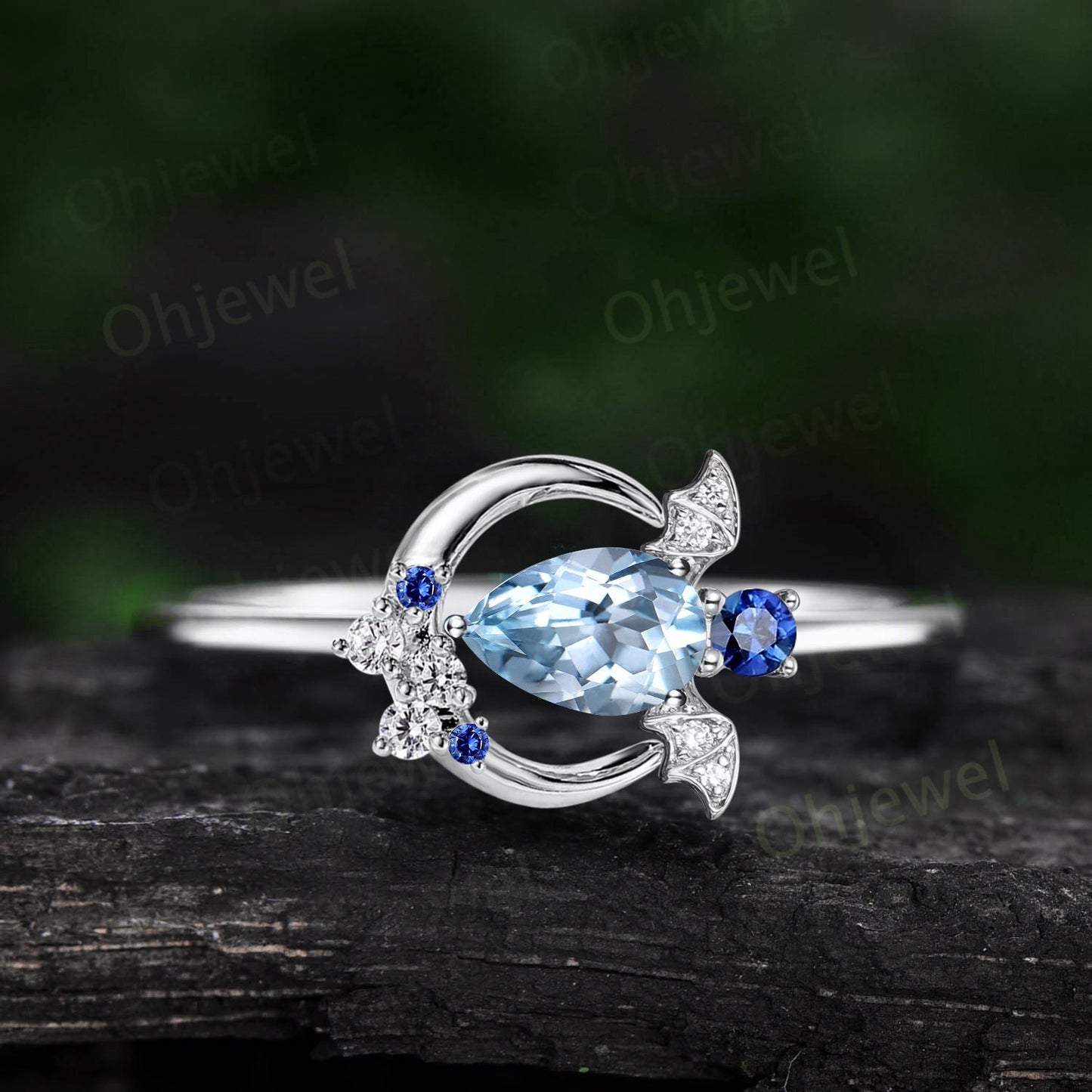 Pear shaped aquamarine ring vintage unique moon bat engagement ring cluster diamond ring women east to west anniversary wedding ring gift
