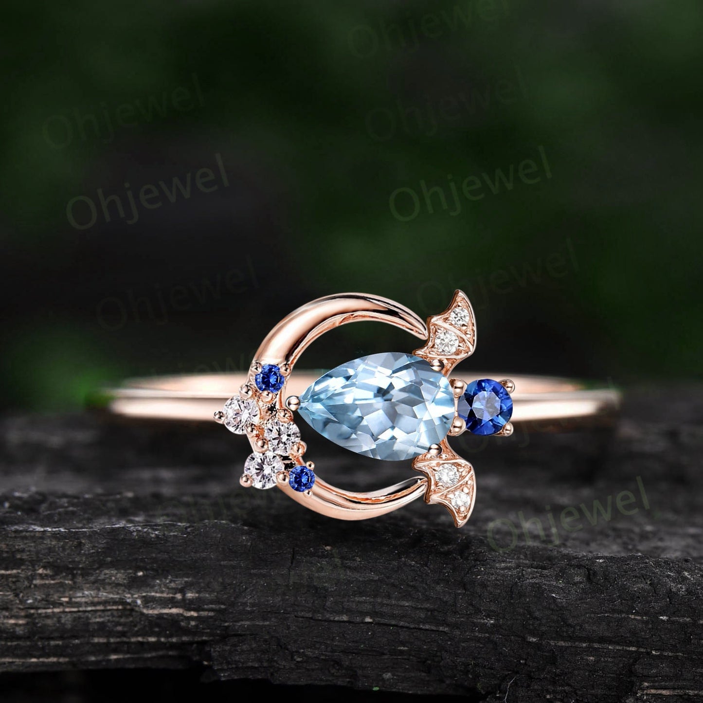 Pear shaped aquamarine ring vintage unique moon bat engagement ring cluster diamond ring women east to west anniversary wedding ring gift