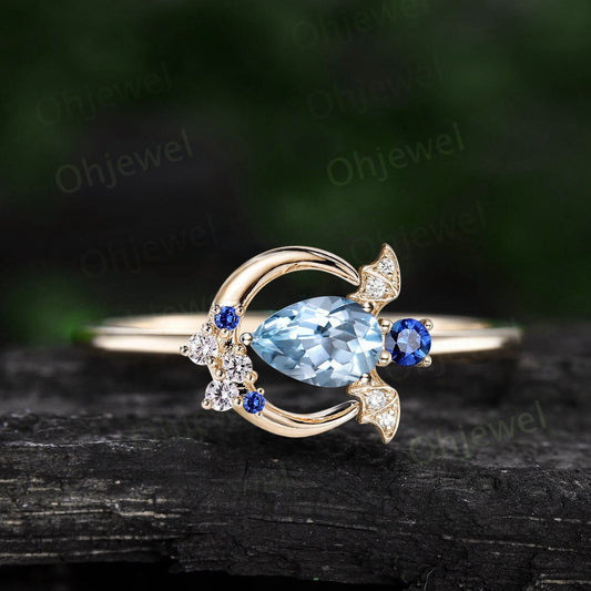 Pear shaped aquamarine ring vintage unique moon bat engagement ring cluster diamond ring women east to west anniversary wedding ring gift