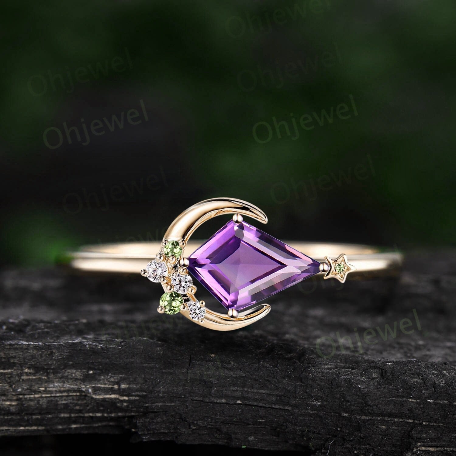 Vintage kite cut purple selling amethyst ring unique amethyst engagement ring set 14k yellow gold vermeil ring set bridal wedding ring set for love