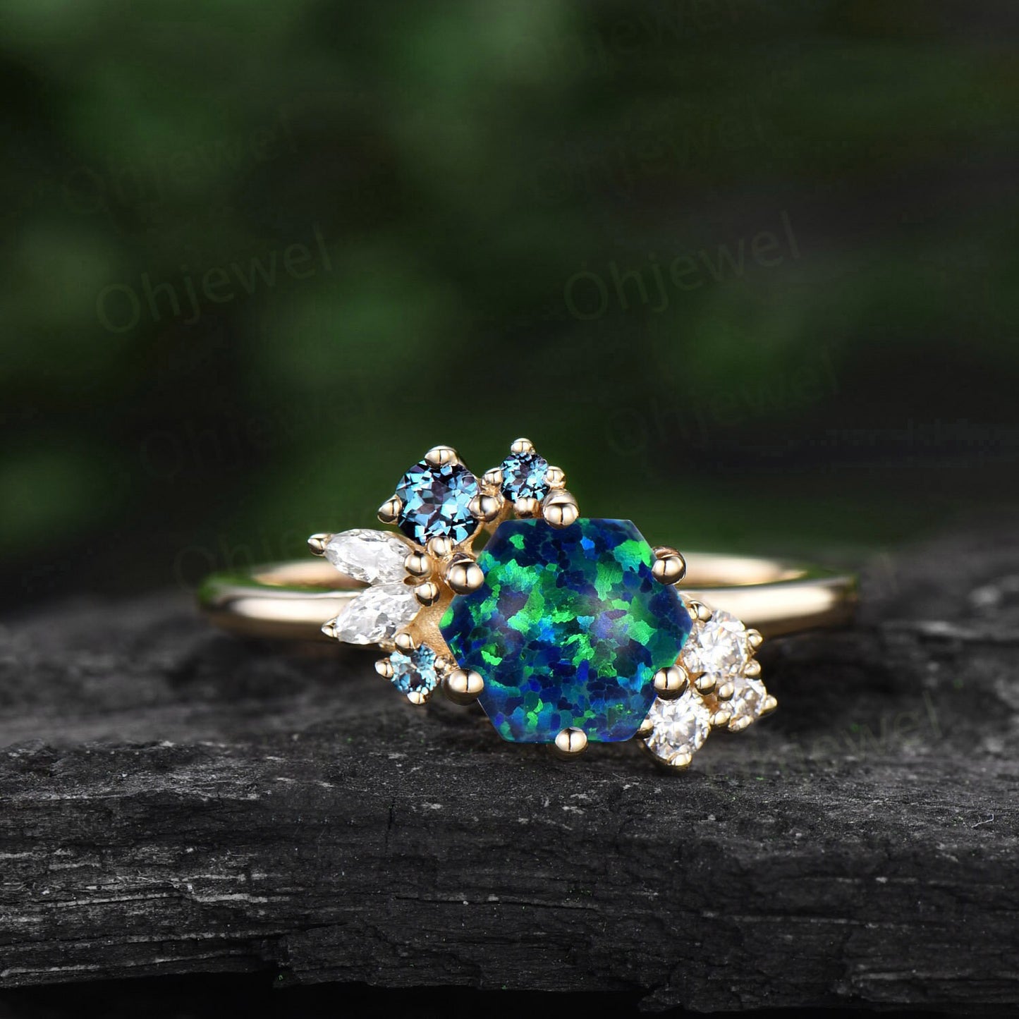 Hexagon black opal ring gold silver for women vintage unique opal engagement ring cluster alexandrite art deco diamond bridal ring gifts