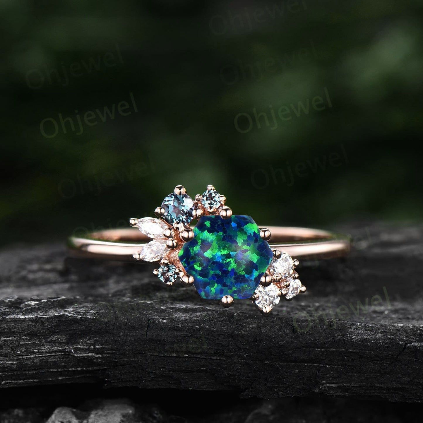 Hexagon black opal ring gold silver for women vintage unique opal engagement ring cluster alexandrite art deco diamond bridal ring gifts