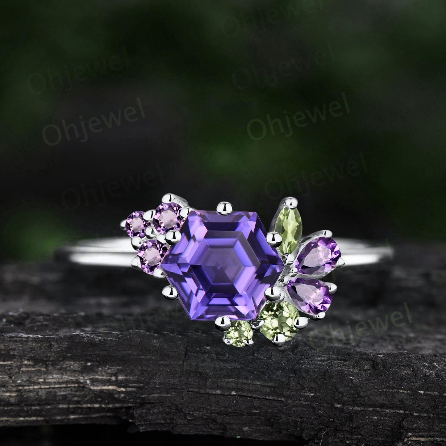 Vintage hexagon purple sapphire engagement ring rose gold cluster peridot amethyst ring women dainty 6 prong gemstone anniversary ring gift