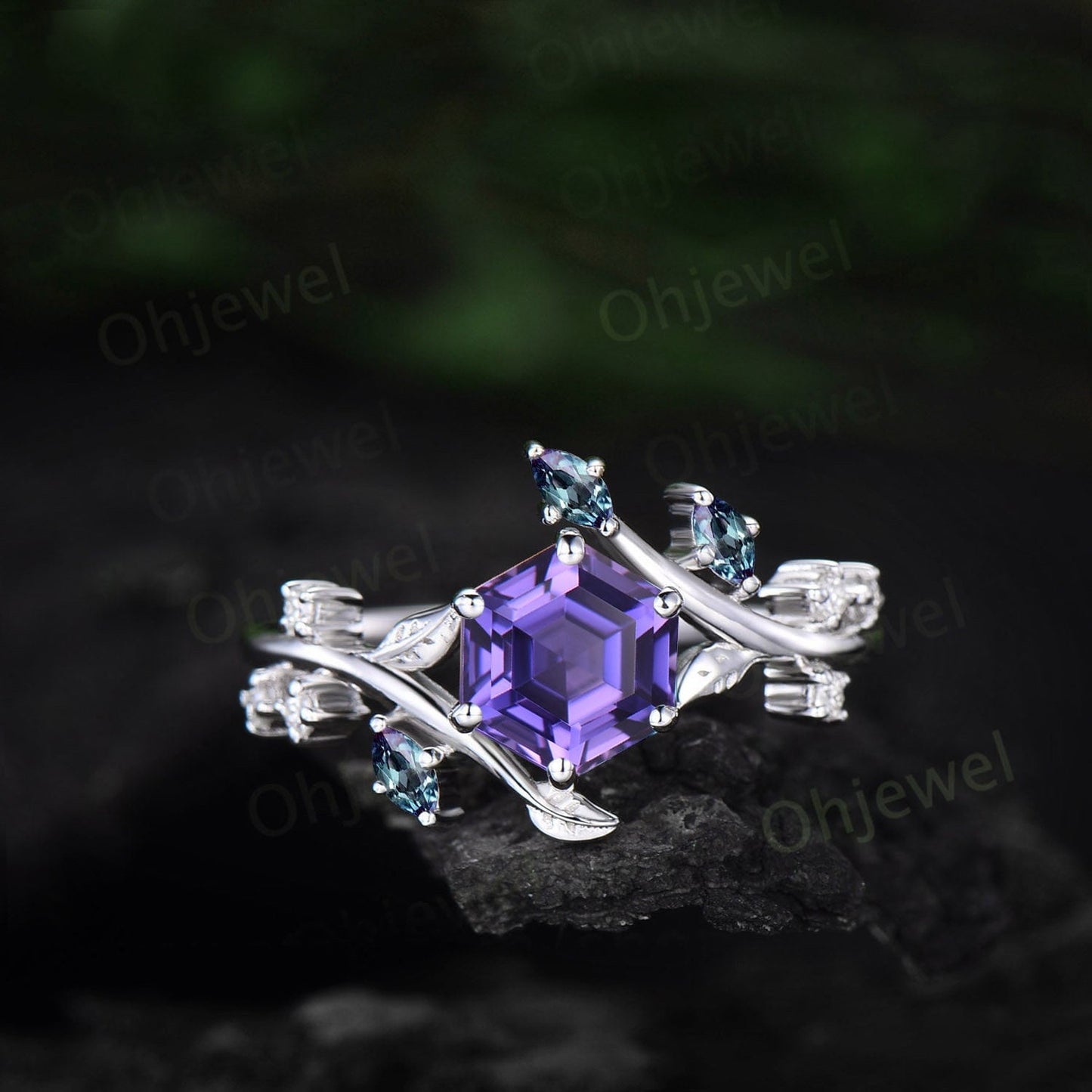 Hexagon purple sapphire ring vintage leaf Nature inspired engagement ring women twig cluster Alexandrite ring women rose gold gemstone ring
