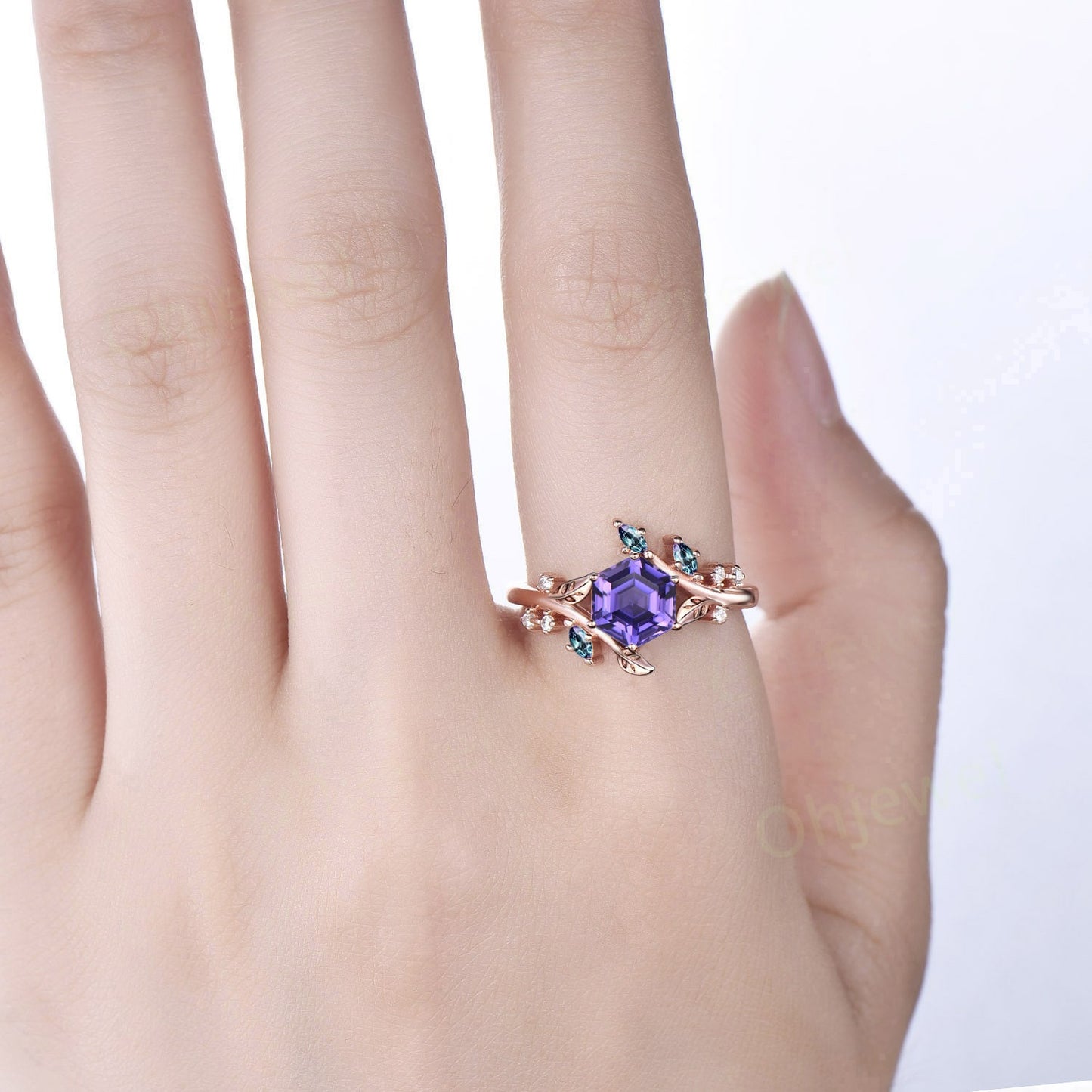 Hexagon purple sapphire ring vintage leaf Nature inspired engagement ring women twig cluster Alexandrite ring women rose gold gemstone ring