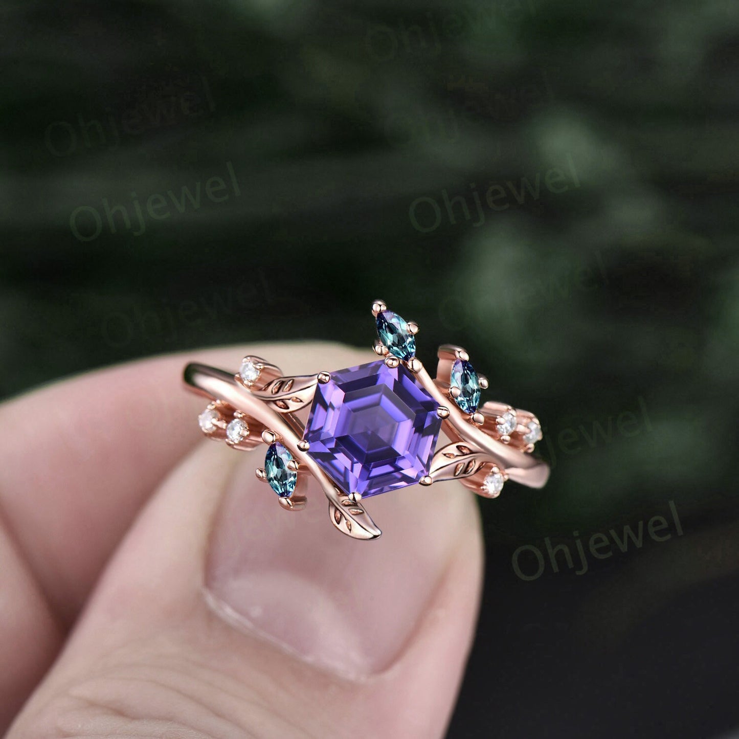 Hexagon purple sapphire ring vintage leaf Nature inspired engagement ring women twig cluster Alexandrite ring women rose gold gemstone ring