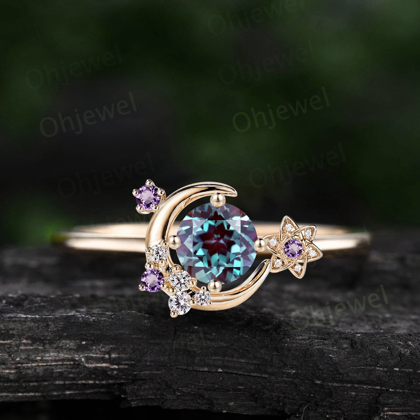 Round Alexandrite ring vintage cluster amethyst ring rose gold unique moon engagement ring retro star flower moissanite wedding ring women