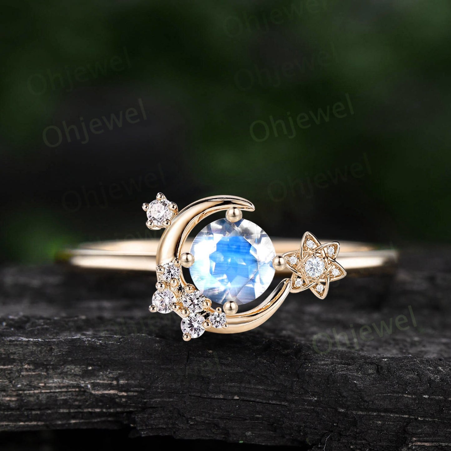 Round moonstone ring vintage cluster diamond ring rose gold unique moon engagement ring retro star flower moissanite wedding ring women gift