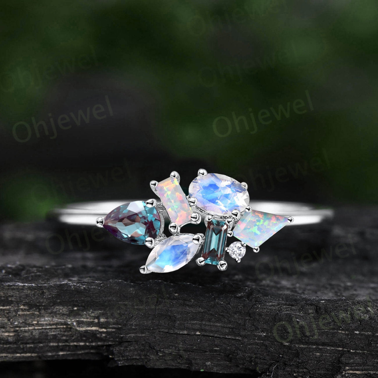 Cluster oval moonstone ring vintage baguette kite opal ring yellow gold pear alexandrite ring women gemstone bridal anniversary ring gift