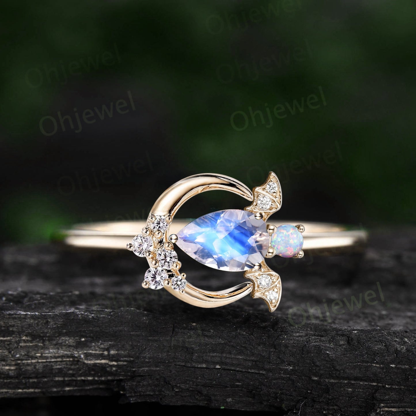 Pear moonstone ring vintage unique moon bat engagement ring cluster diamond opal ring women east to west anniversary wedding ring gift