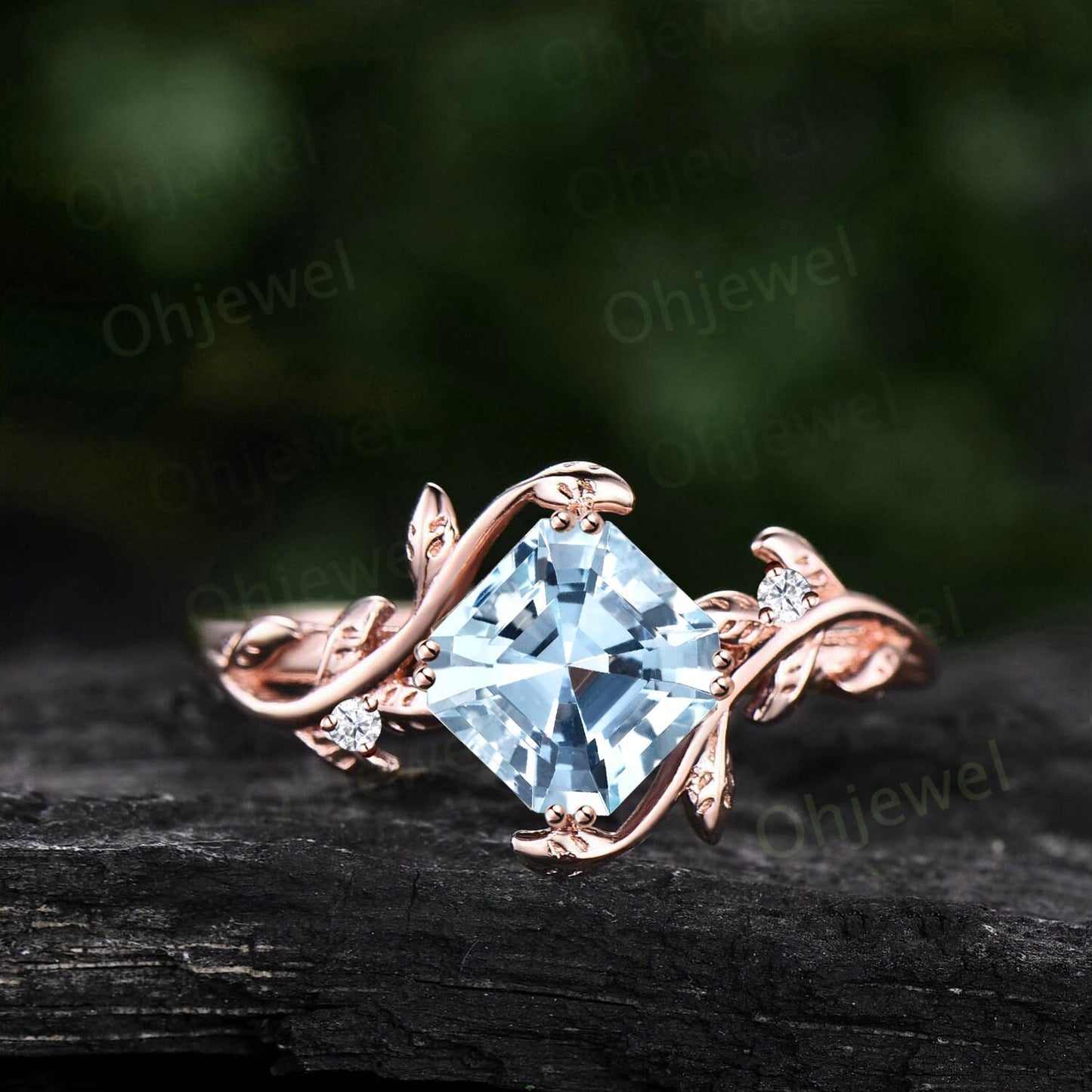 Vintaeg Asscher natural Aquamarine engagement ring women three stone sapphire ring leaf branch rose gold ring unique promise bridal ring