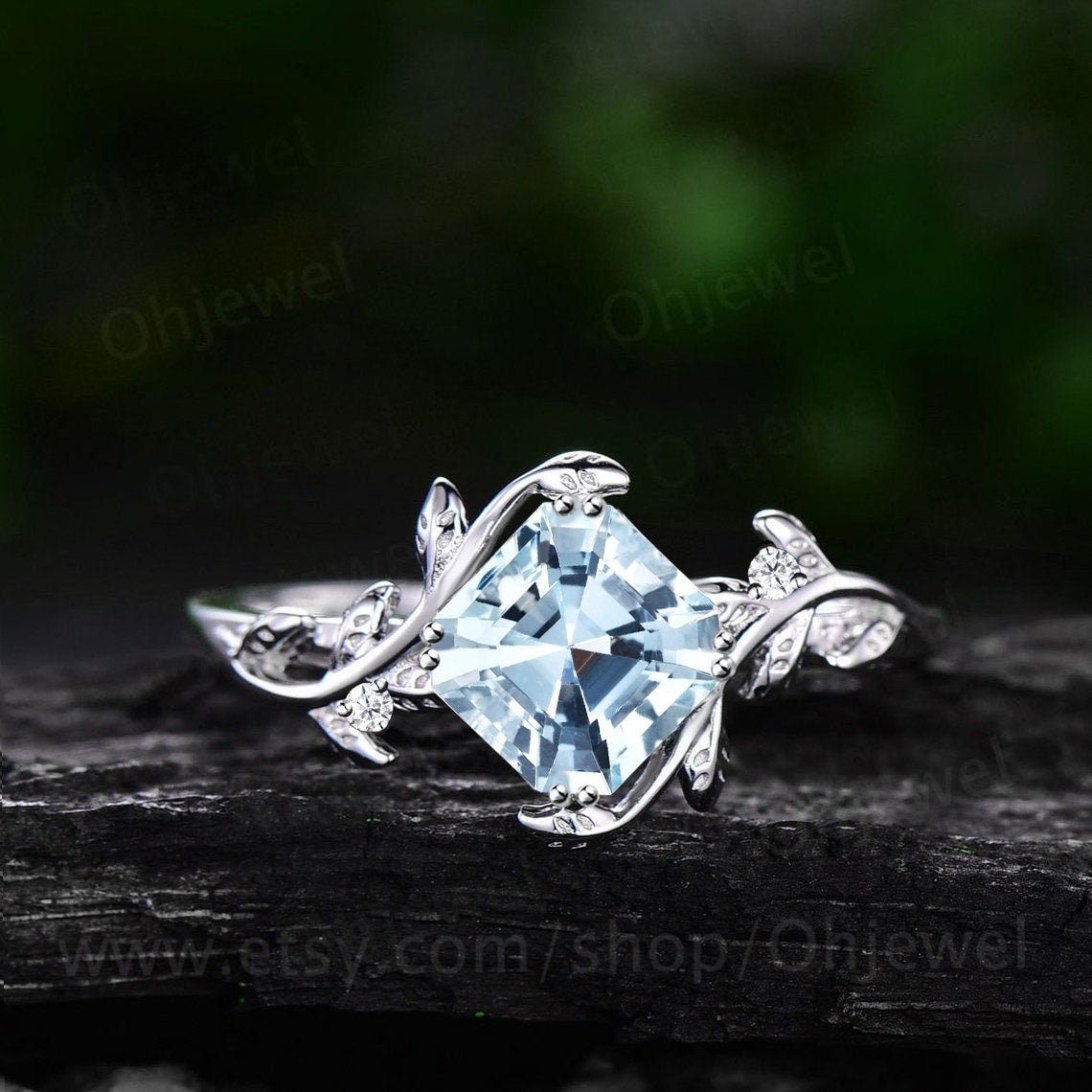Vintaeg Asscher natural Aquamarine engagement ring women three stone sapphire ring leaf branch rose gold ring unique promise bridal ring