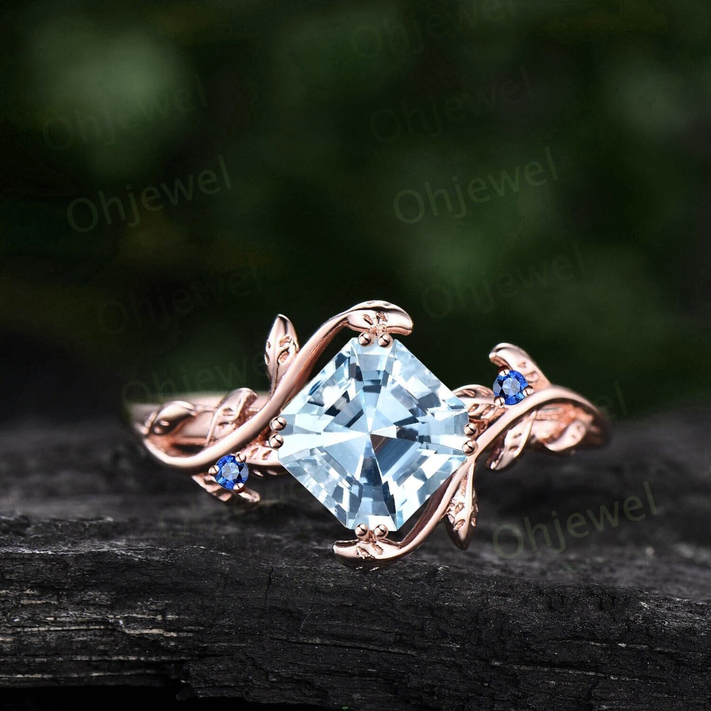 Vintaeg Asscher natural Aquamarine engagement ring women three stone sapphire ring leaf branch rose gold ring unique promise bridal ring