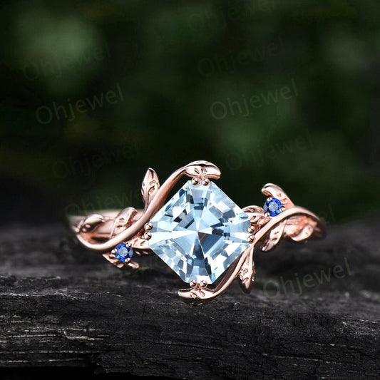 Vintaeg Asscher natural Aquamarine engagement ring women three stone sapphire ring leaf branch rose gold ring unique promise bridal ring