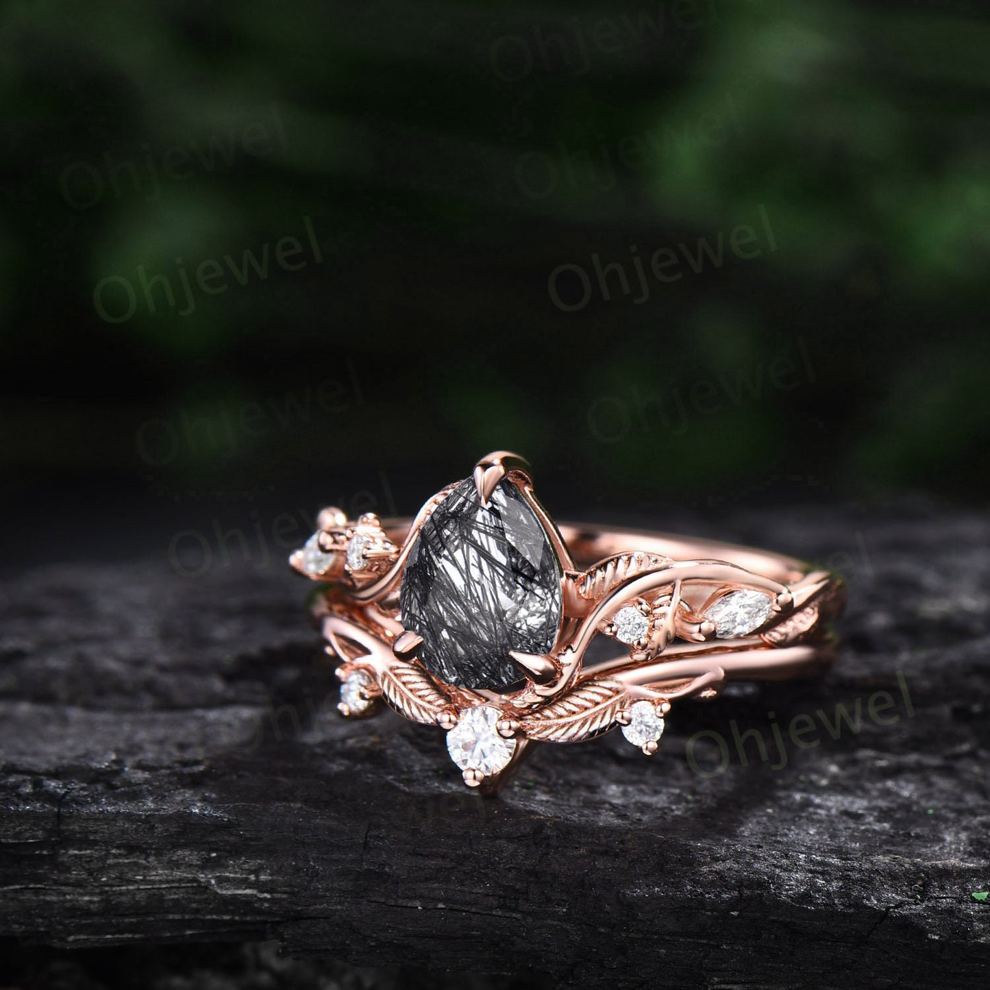 Twig pear shaped black rutilated quartz engagement ring vintage branch leaf rose gold nature inspired diamond bridal wedding ring set women