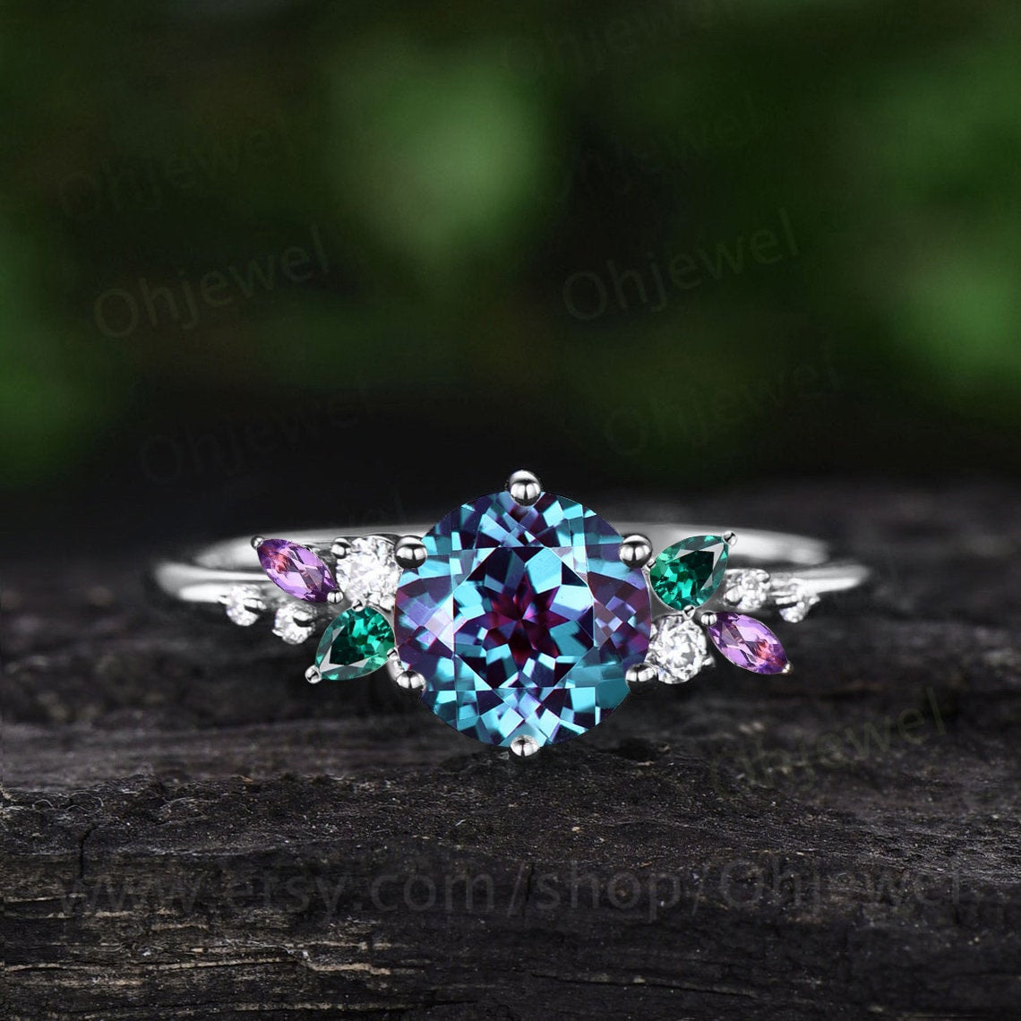 Vintage round alexandrite engagement ring rose gold cluster snowdrift diamond ring emerald amethyst ring women unique bridal wedding ring