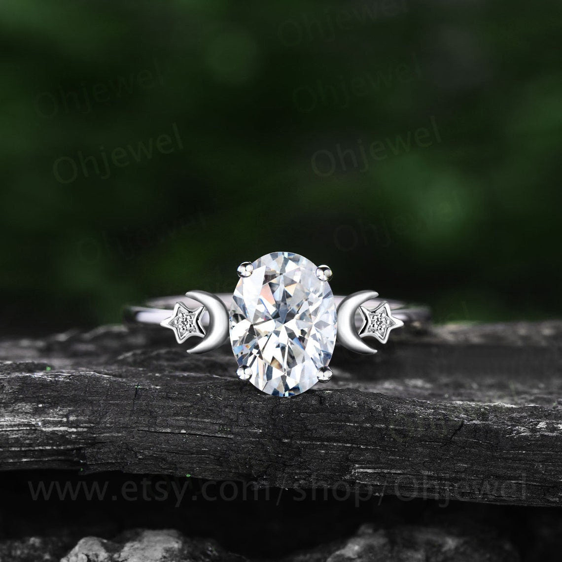 Oval cut moissanite ring vintage moon star unique engagement ring rose gold three stone bat wing ring stacking bridal wedding ring set women