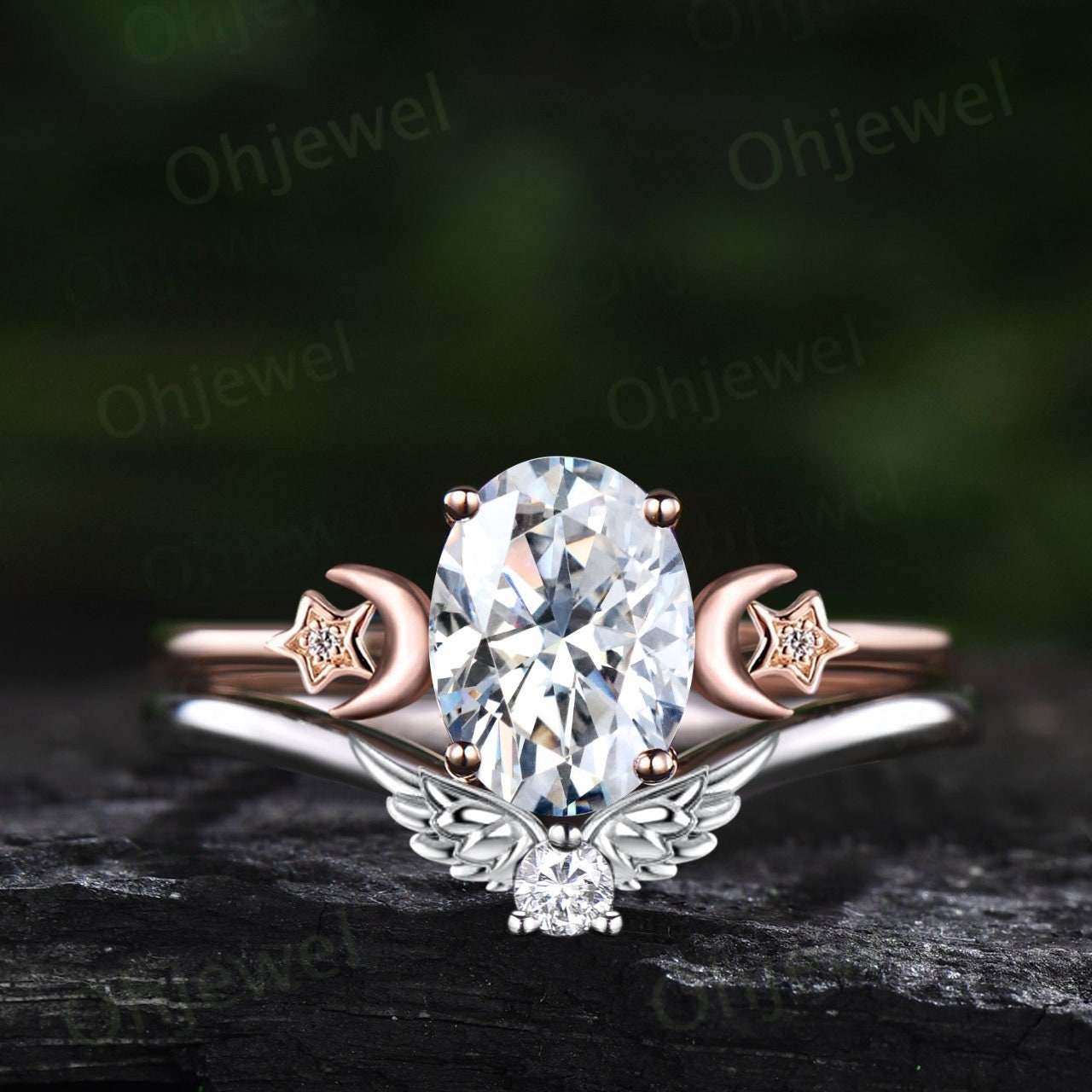 Oval cut moissanite ring vintage moon star unique engagement ring rose gold three stone bat wing ring stacking bridal wedding ring set women