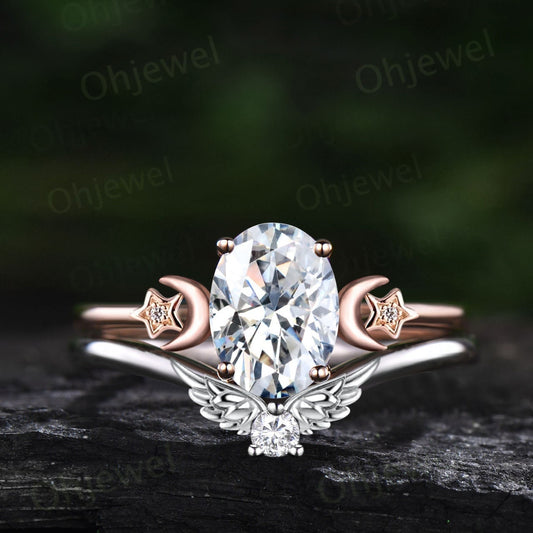 Oval cut moissanite ring vintage moon star unique engagement ring rose gold three stone bat wing ring stacking bridal wedding ring set women