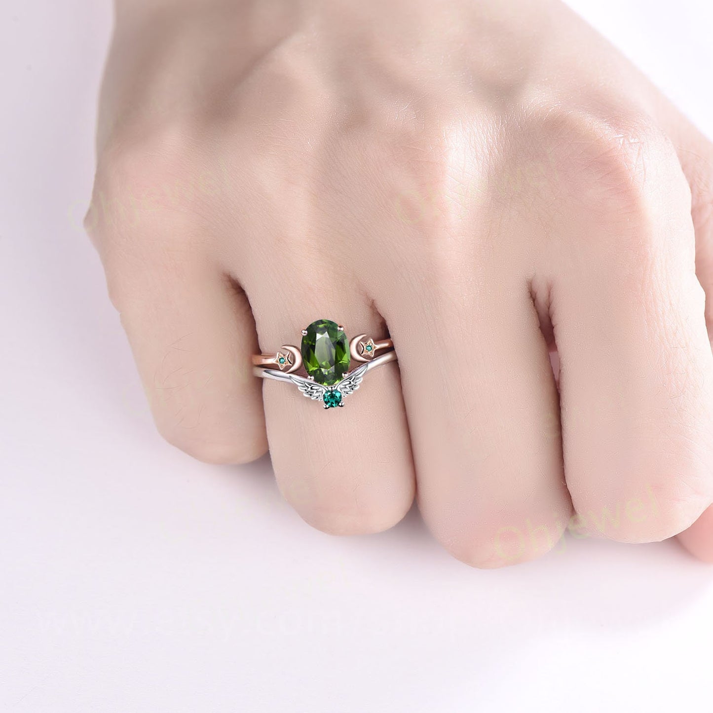 Oval cut green Tourmaline ring vintage moon star unique engagement ring rose gold three stone bat wing emerald ring wedding ring set women
