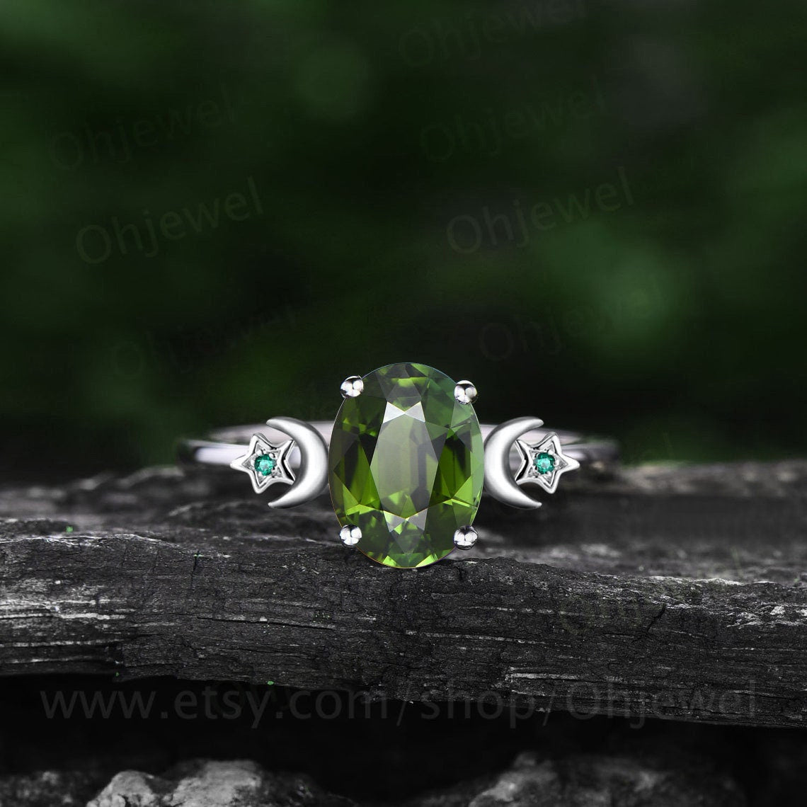 Oval cut green Tourmaline ring vintage moon star unique engagement ring rose gold three stone bat wing emerald ring wedding ring set women