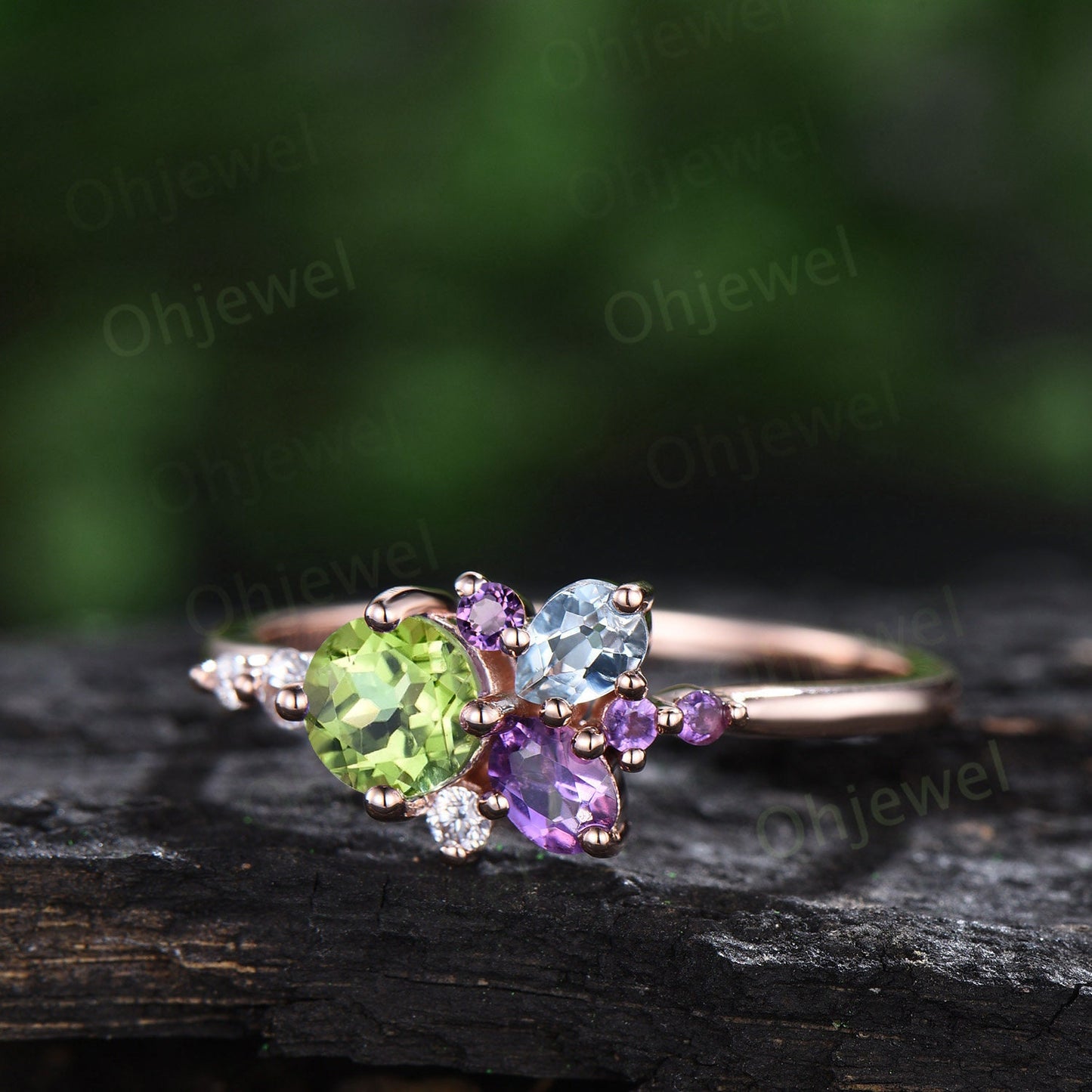 Round peridot ring Personalized cluster amethyst ring vintage pear aquamarine ring dainty multi stone ring unique engagement ring women gift