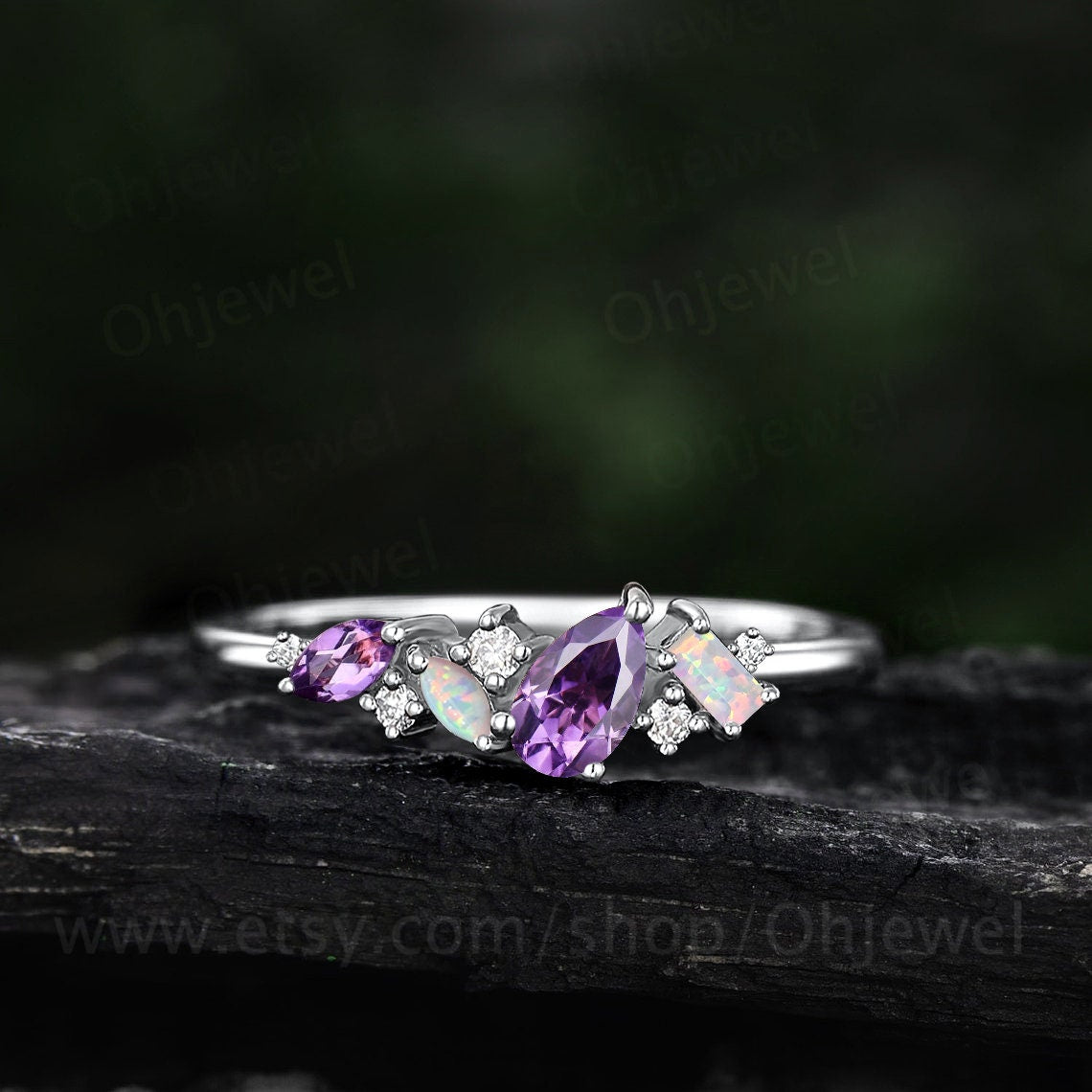Dainty pear amethyst ring vintage art deco Baguette cut opal ring 14k rose gold unique cluster moissanite wedding band anniversary gift
