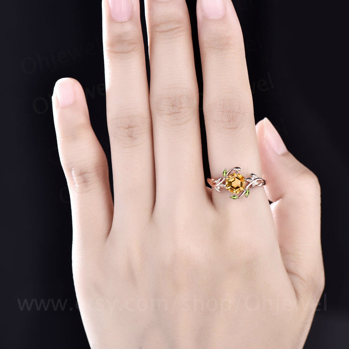 Vintage Hexagon citrine engagement ring nature inspired peridot ring women twig leaf moissanite ring yellow gold branch wedding ring gift