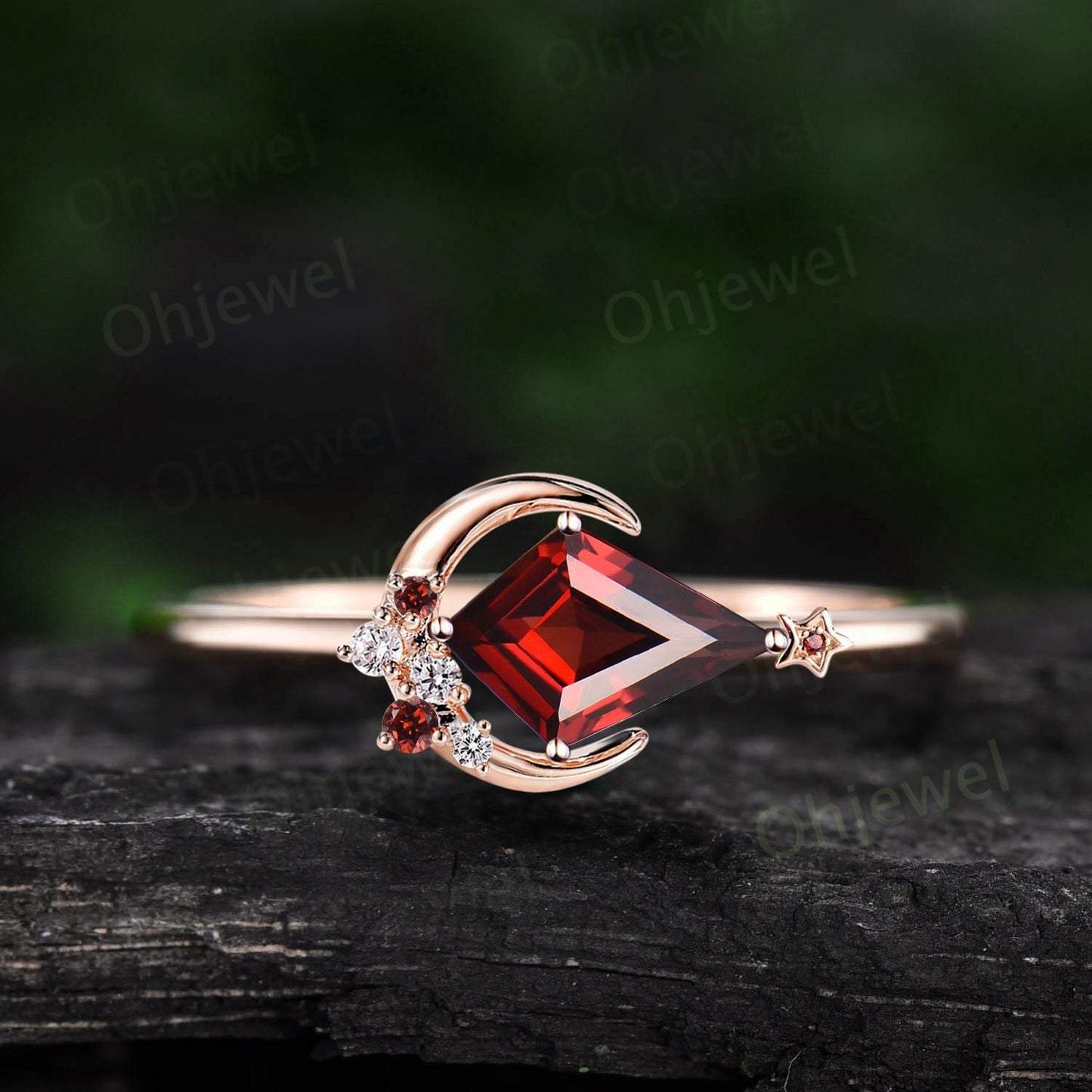 Kite cut garnet ring vintage cluster diamond ring rose gold east to west moon star engagement ring gemstone unique wedding ring women