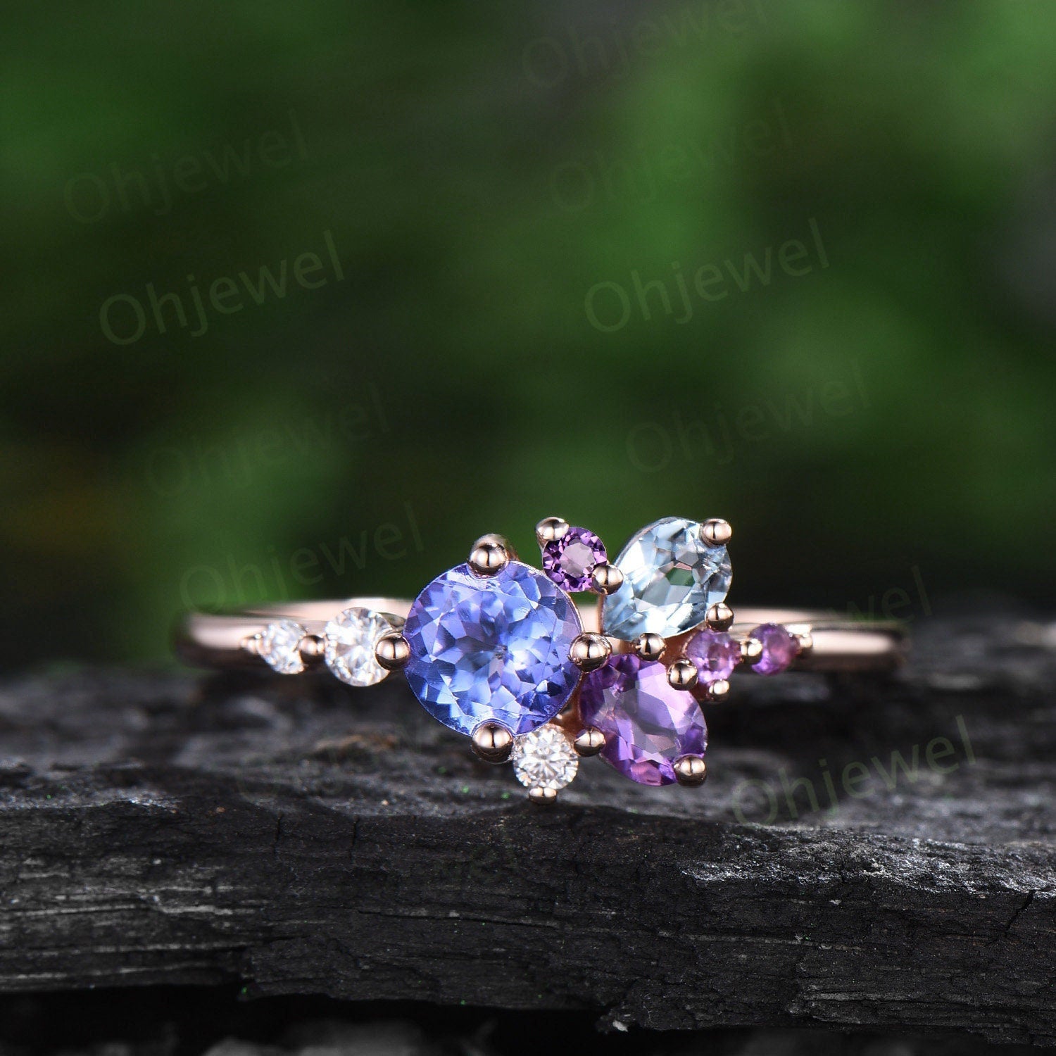 Round Tanzanite ring Personalized cluster amethyst ring vintage