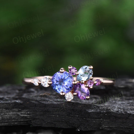 Round Tanzanite ring Personalized cluster amethyst ring vintage pear aquamarine ring dainty multi stone ring unique engagement ring women