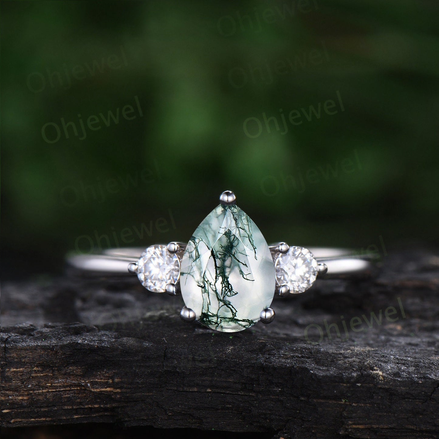 Pear shaped natural moss agate engagement ring set women white gold curved alexandrite ring Personalized moissanite unique wedding ring set