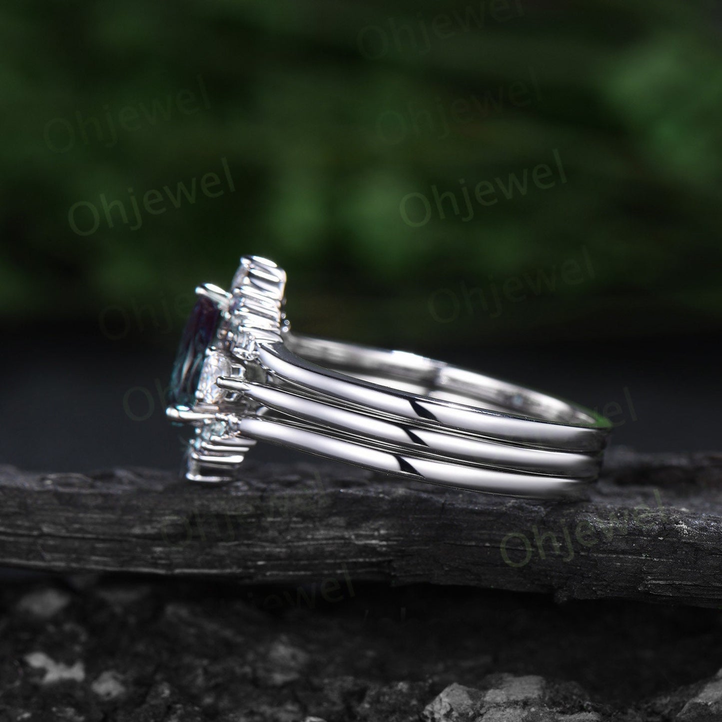 Pear shaped natural moss agate engagement ring set women white gold curved alexandrite ring Personalized moissanite unique wedding ring set