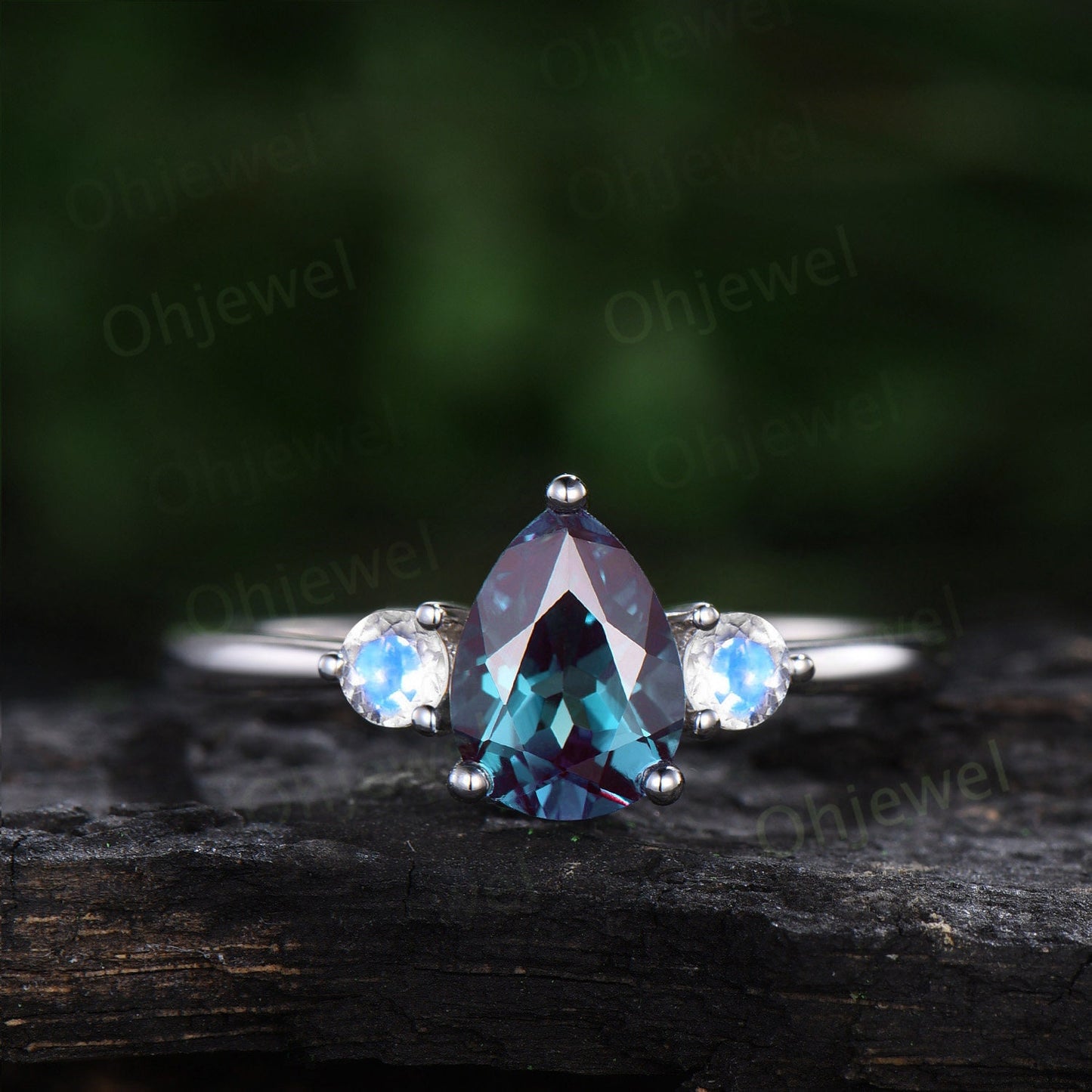Pear shaped alexandrite engagement ring set three stone moonstone opal ring women white gold unique bridal promise ring set gemstone gift