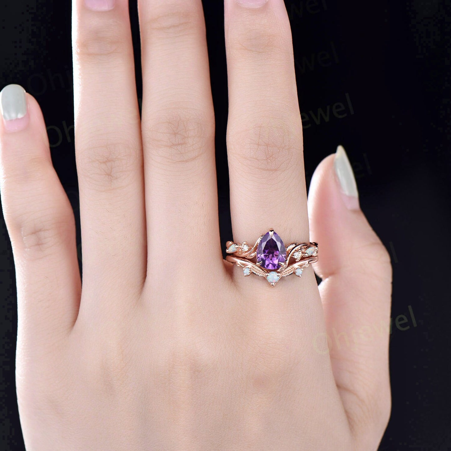Vintage pear shaped amethyst engagement ring leaf opal ring set nature inspired branch moissanite promise wedding bridal ring set women