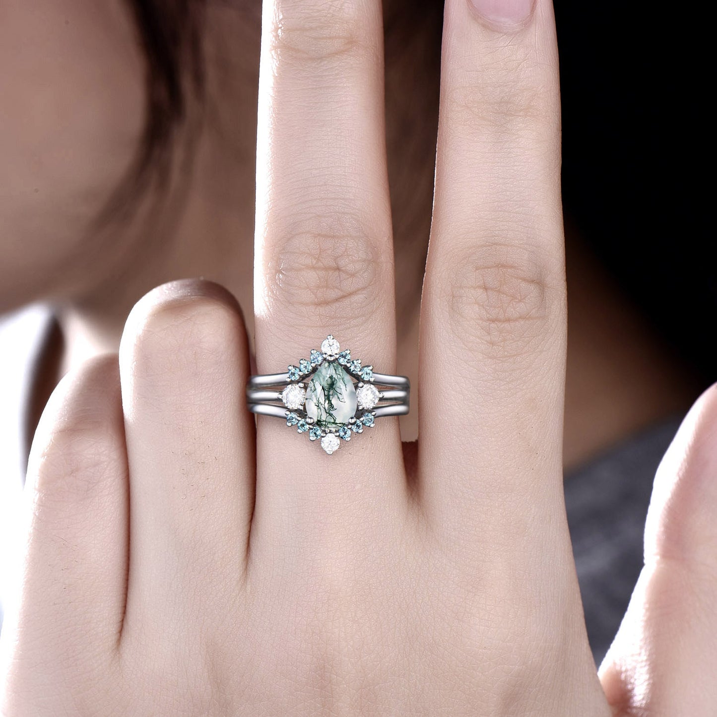 Pear shaped natural moss agate engagement ring set women white gold curved alexandrite ring Personalized moissanite unique wedding ring set